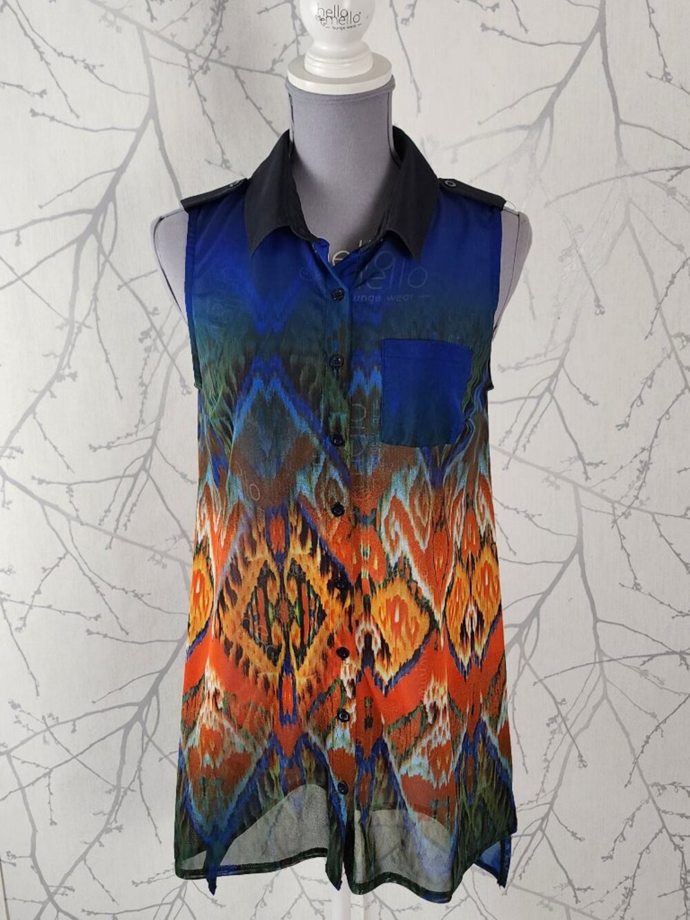 Nicole Benisti Abstract Kaleidoscope Print Button Front Sheer Tank